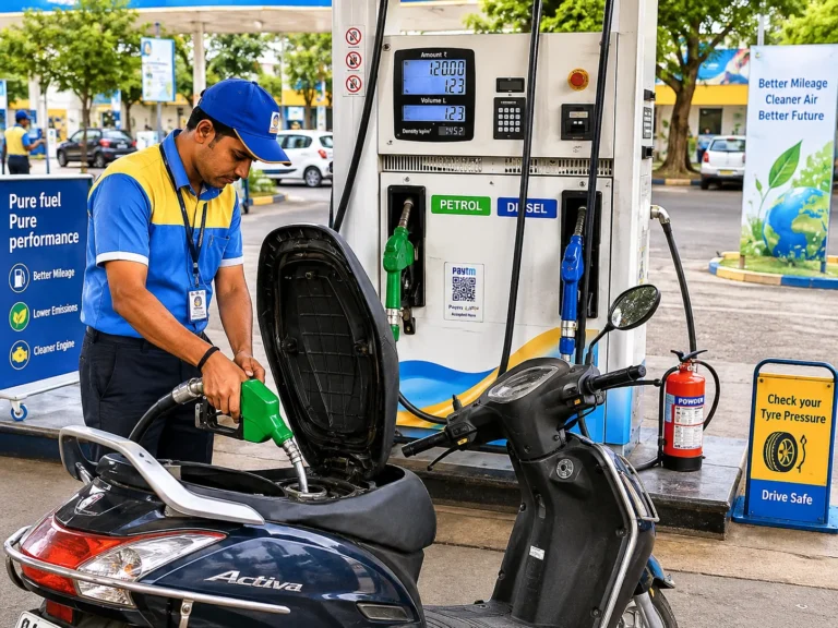 Fuel station attendant refueling a scooter at a petrol pump in India, representing the proposed transition to E25 petrol and its impact on vehicle owners.