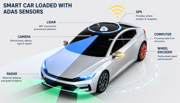 ADAS in Cars Explained: Smart Features, Benefits & Best ADAS Cars in India (2026 Guide) Advanced Driver Assistance System (ADAS) components explained in a modern smart car infographic