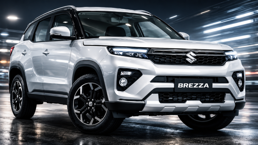 2026 Maruti Suzuki Brezza facelift front view render with redesigned grille and LED DRLs