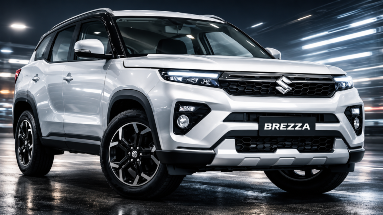 2026 Maruti Suzuki Brezza facelift front view render with redesigned grille and LED DRLs