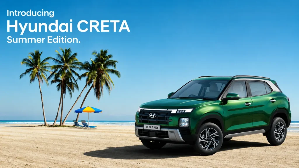 Green Hyundai Creta Summer Edition SUV parked on a beach with palm trees and blue sky background