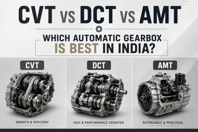CVT vs DCT vs AMT automatic gearbox comparison infographic explaining different transmission technologies used in Indian cars
