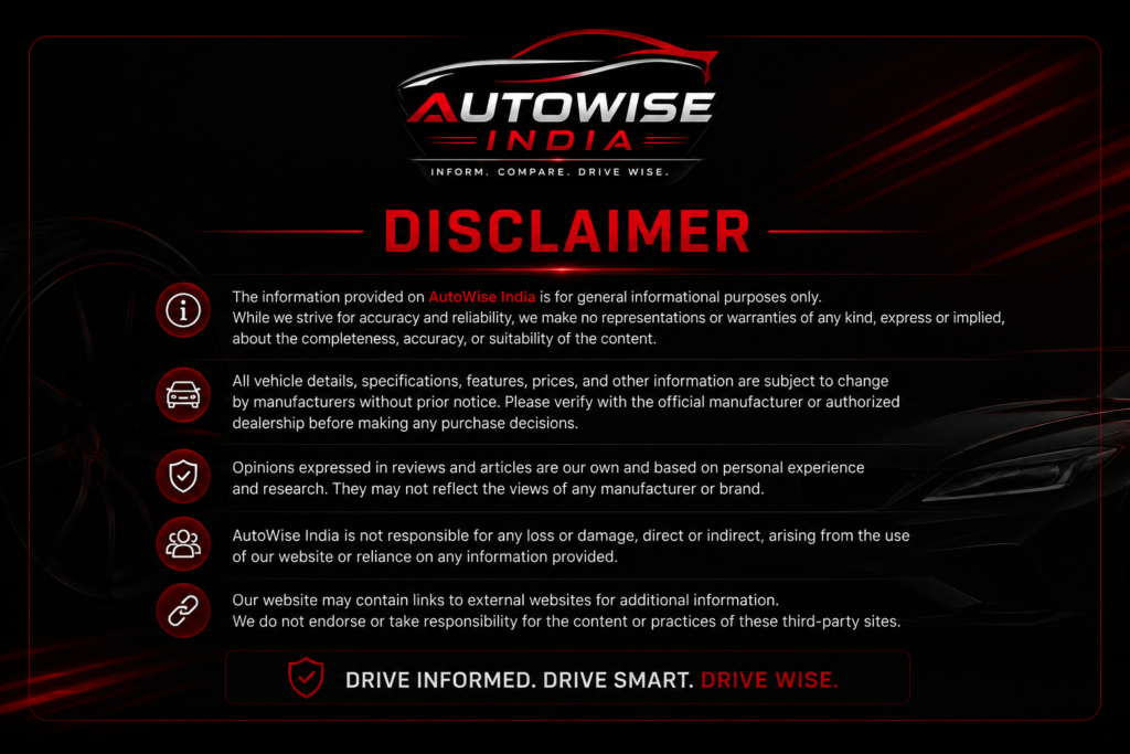 AutoWise India disclaimer graphic with black and red automotive theme, official logo, and website information disclaimer text.