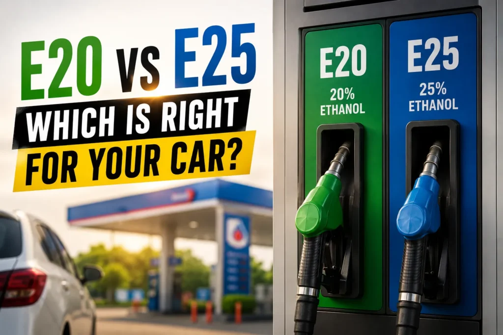 E20 vs E25 petrol comparison, fuel pump showing ethanol blended fuel options in India