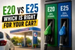 E20 vs E25 petrol comparison, fuel pump showing ethanol blended fuel options in India