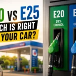 E20 vs E25 petrol comparison, fuel pump showing ethanol blended fuel options in India
