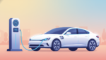 Illustration of an electric car charging at an EV charging station