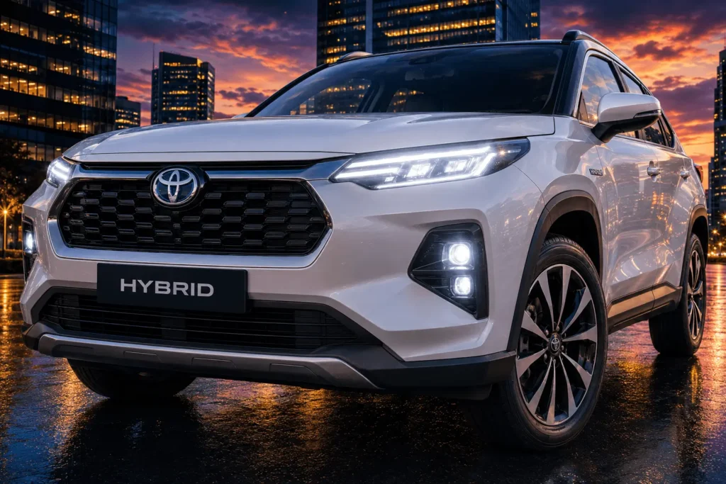 A detailed explanation of hybrid cars with a modern hybrid SUV in an evening city backdrop