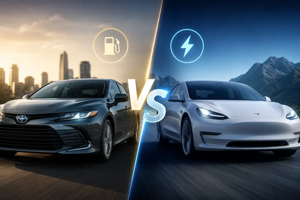 Hybrid Cars vs EVs comparison thumbnail featuring a hybrid sedan and an electric vehicle with premium split-screen design