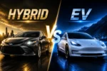 Hybrid Cars vs EVs comparison thumbnail featuring a hybrid sedan and an electric vehicle with premium split-screen design