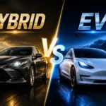 Hybrid Cars vs EVs comparison thumbnail featuring a hybrid sedan and an electric vehicle with premium split-screen design