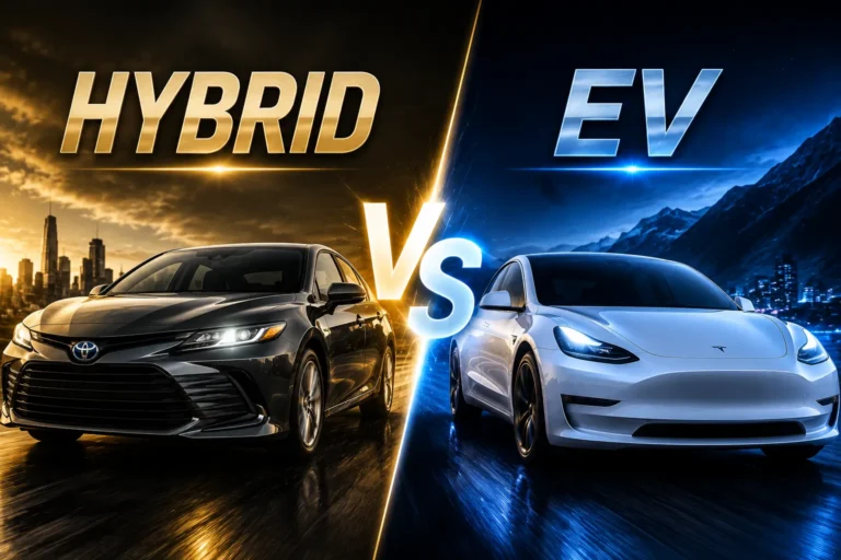 Hybrid Cars vs EVs comparison thumbnail featuring a hybrid sedan and an electric vehicle with premium split-screen design