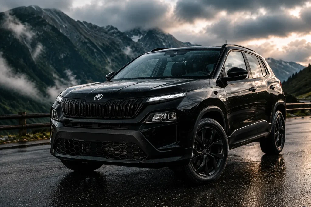 Black Skoda Kylaq Sportline SUV parked on a wet mountain road with a dramatic cloudy background