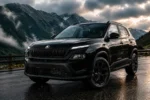 Black Skoda Kylaq Sportline SUV parked on a wet mountain road with a dramatic cloudy background