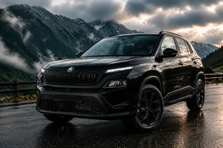 Black Skoda Kylaq Sportline SUV parked on a wet mountain road with a dramatic cloudy background