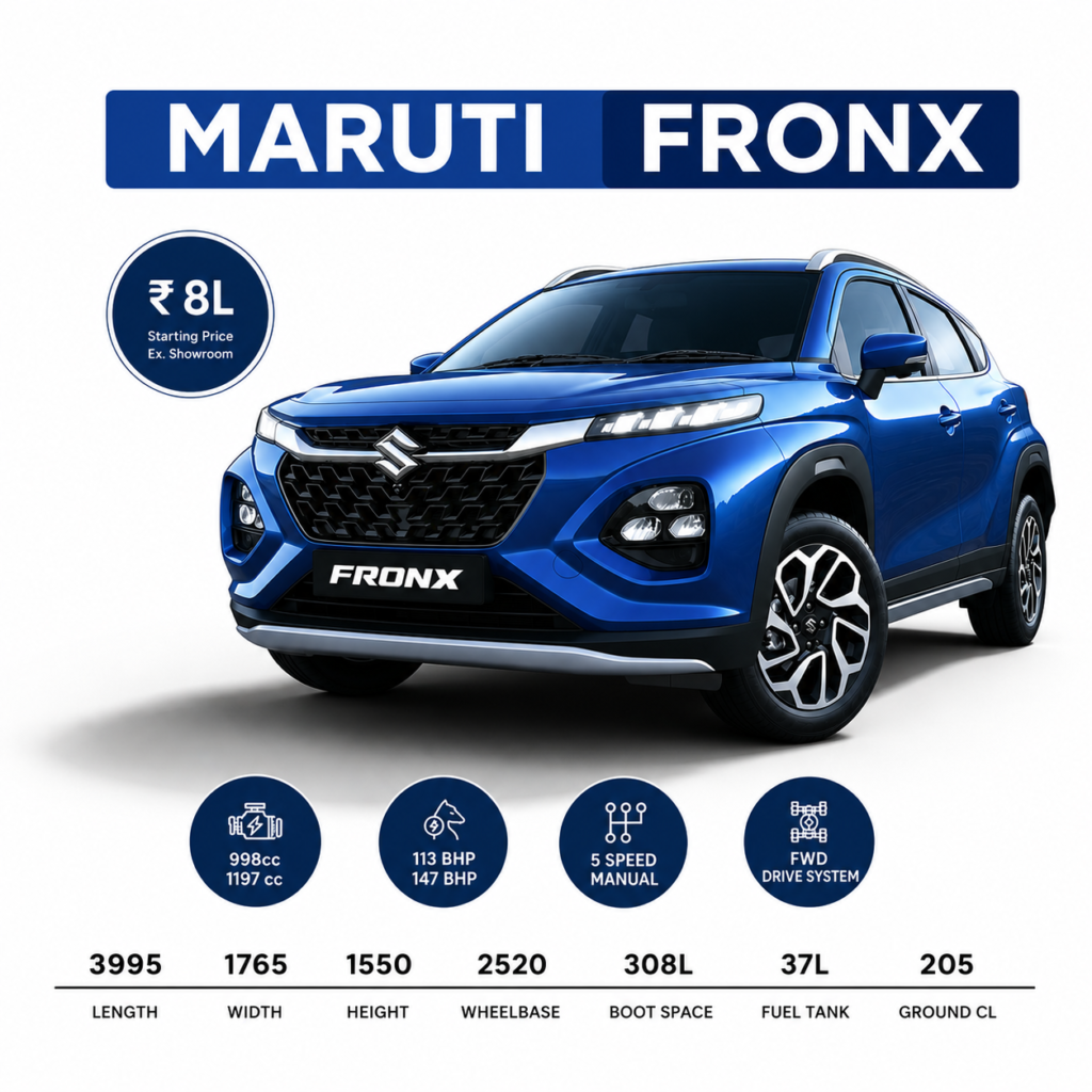 Maruti Suzuki Fronx blue compact SUV specifications infographic