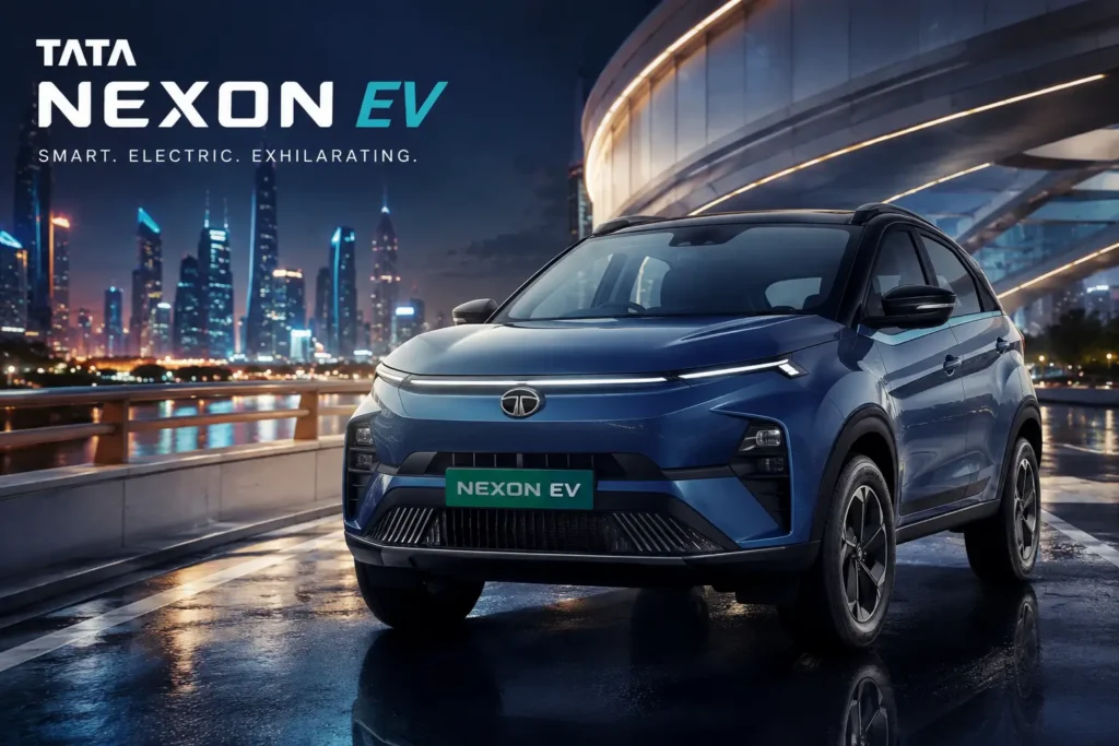 Tata Nexon EV parked in a futuristic city with premium electric SUV styling