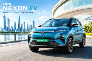 Tata Nexon EV parked in a futuristic city with premium electric SUV styling
