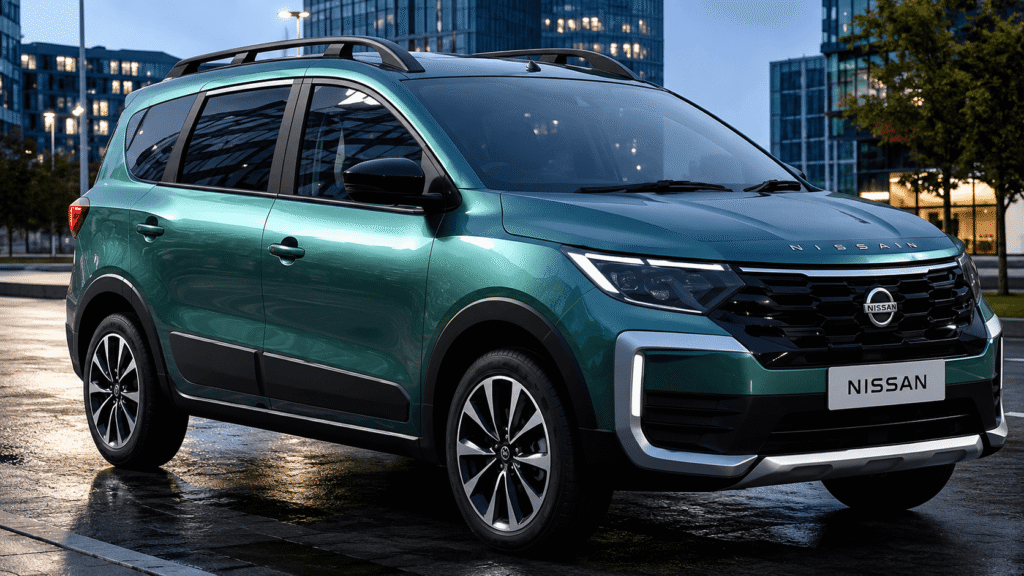 Nissan Gravite MPV India launch render showing premium 7-seater SUV-inspired design with LED headlights and modern styling
