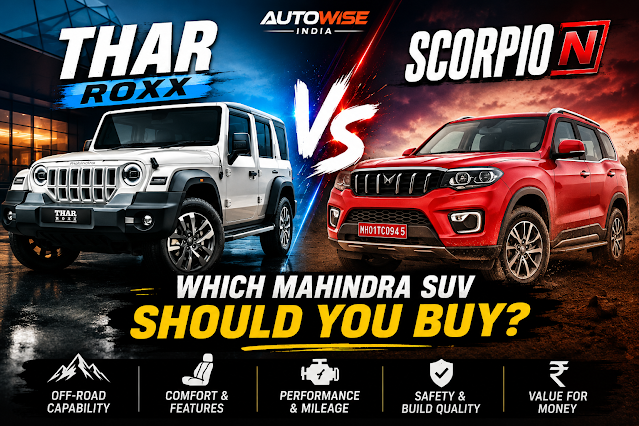 Mahindra Roxx vs Mahindra Scorpio N comparison thumbnail showing both SUVs with “Which Mahindra SUV Should You Buy?
