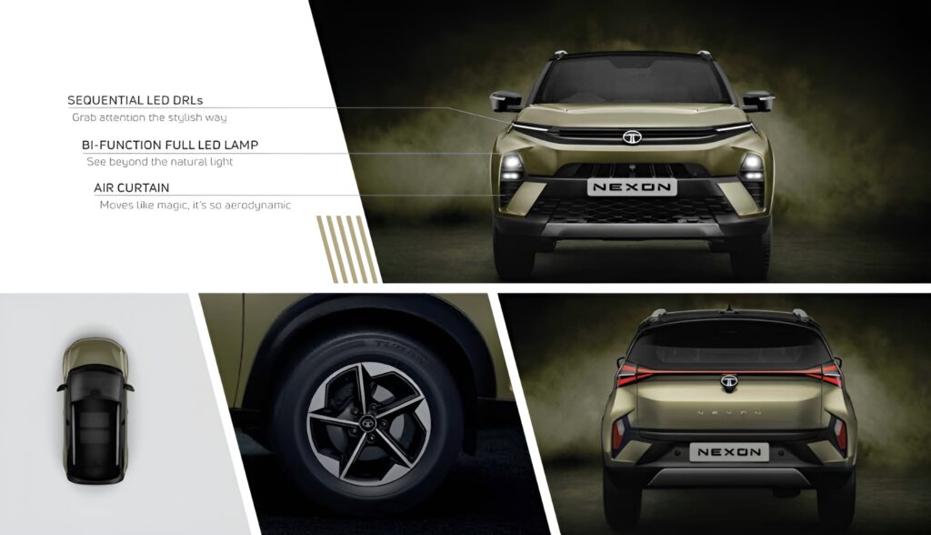 Tata Nexon DRLs and LED lighting setup with front and rear design details