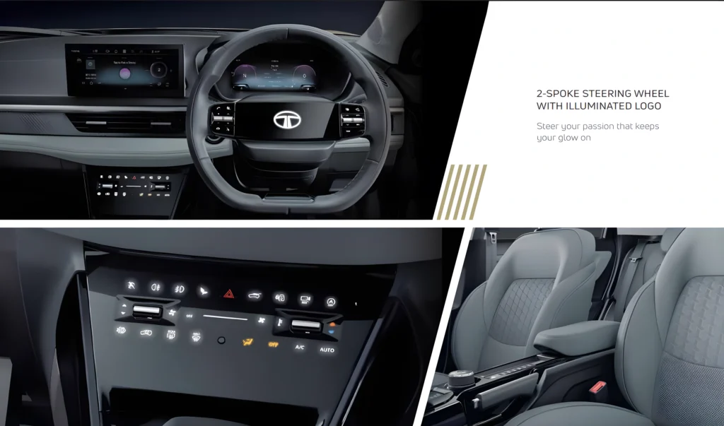 Tata Nexon interior features with touchscreen infotainment steering controls and premium seats