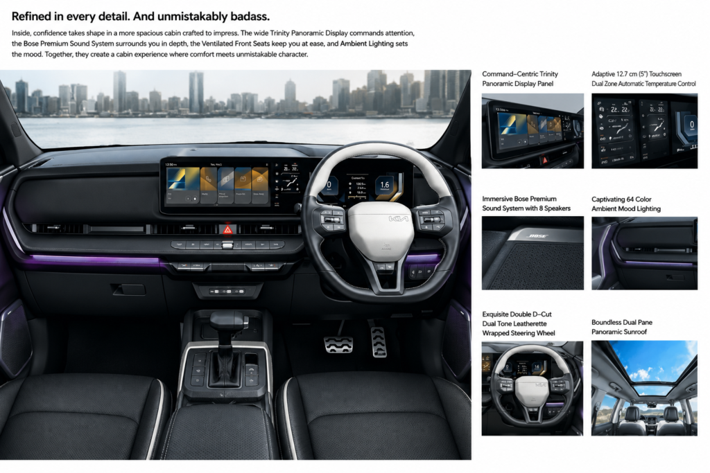 2026 Kia Seltos interior dashboard with dual-screen infotainment system, digital instrument cluster, premium cabin, and modern steering wheel design