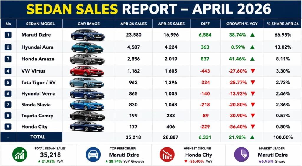Sedan sales data infographic showing April 2026 sales comparison of top sedans in India, including Maruti Dzire, Honda Amaze, Hyundai Aura, Verna, Virtus, Slavia, Camry, and Honda City.