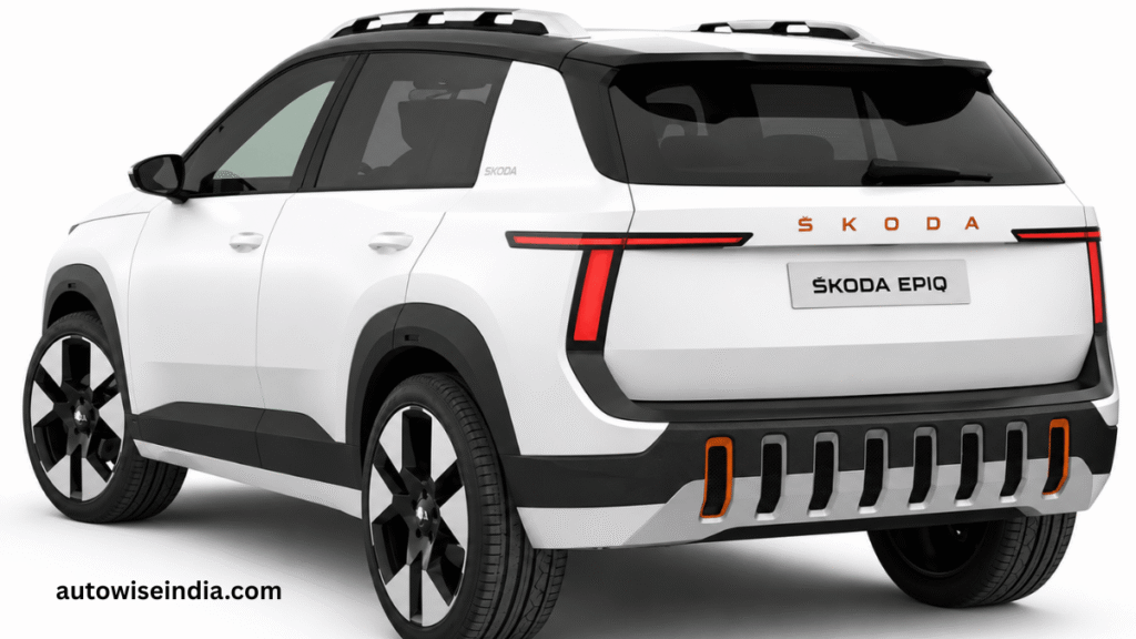 Rear view of the Skoda Epiq electric SUV in white with connected LED tail lamps and sporty bumper design