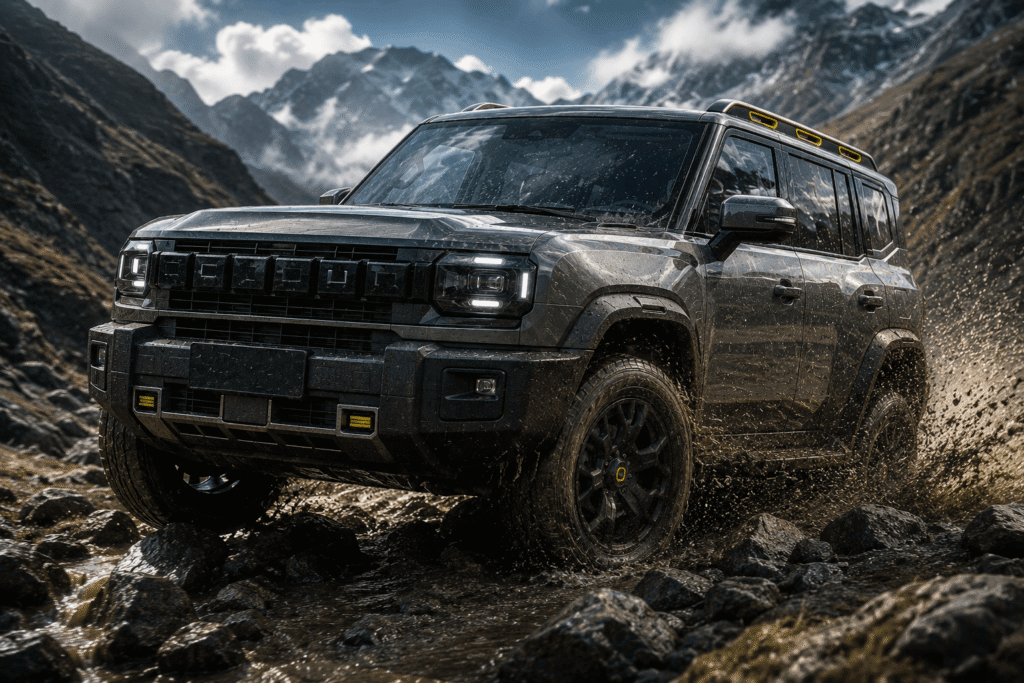 The Chinese SUV Jetour T2 rugged off-road SUV driving through muddy mountain terrain