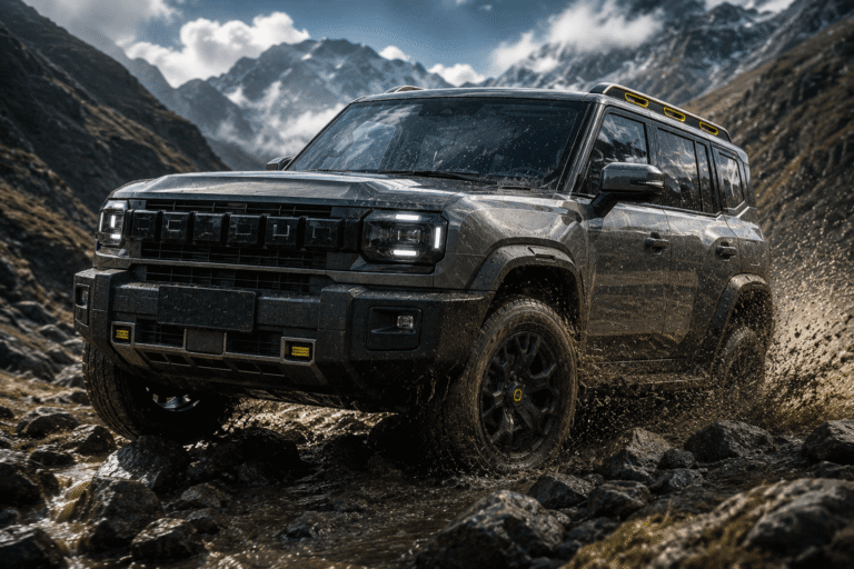 Chinese SUV Jetour T2 rugged off-road SUV driving through muddy mountain terrain