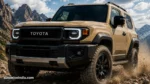 Toyota Land Cruiser FJ SUV driving on rocky mountain terrain with rugged off-road styling and dust trail