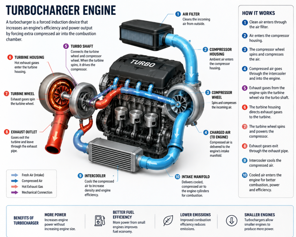 Turbocharger engine diagram showing turbo components and airflow working process