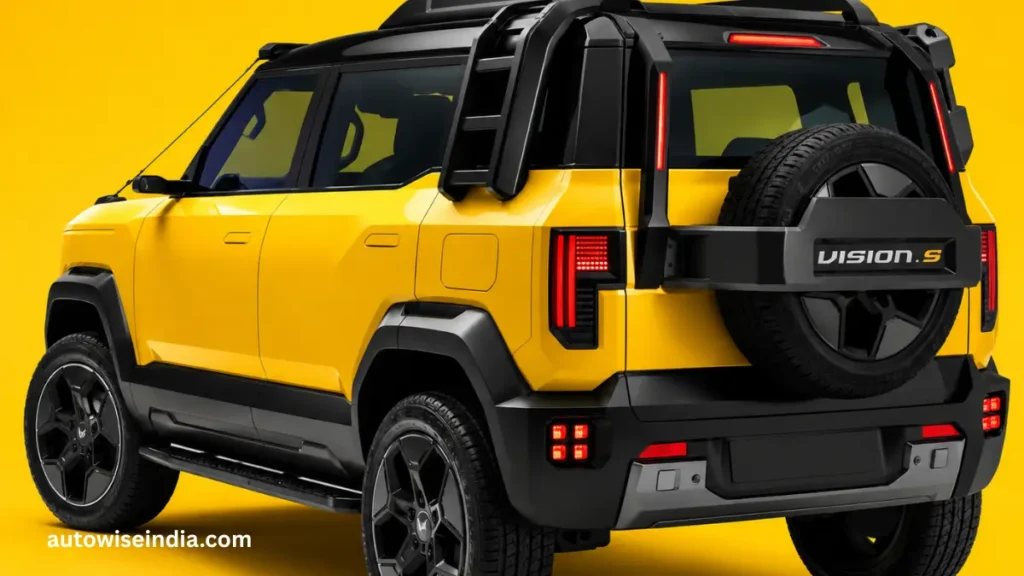 Mahindra Vision S concept SUV rear side view with spare wheel mounted tailgate