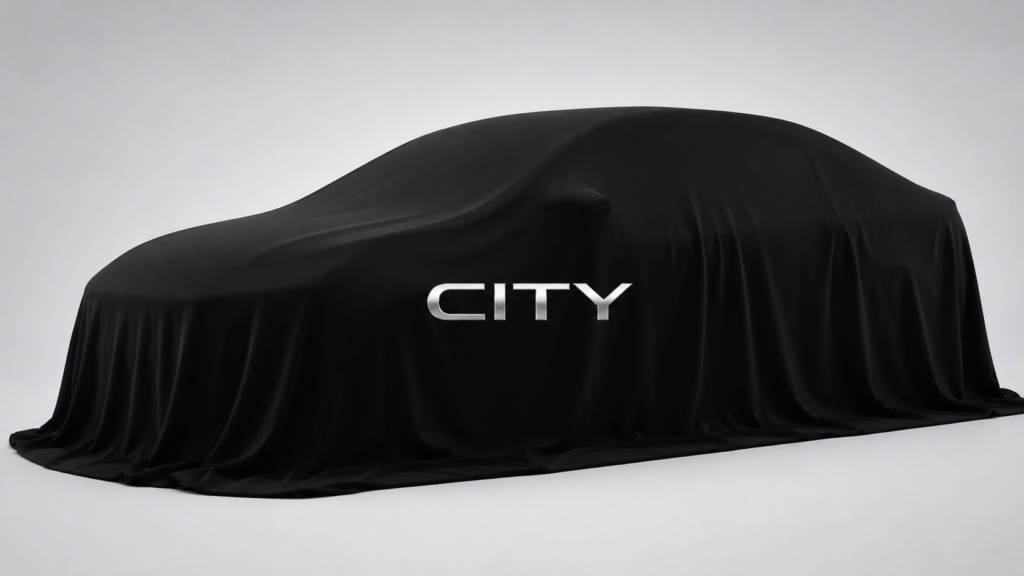 2026 Honda City facelift teaser image covered under black cloth with illuminated CITY logo front view
