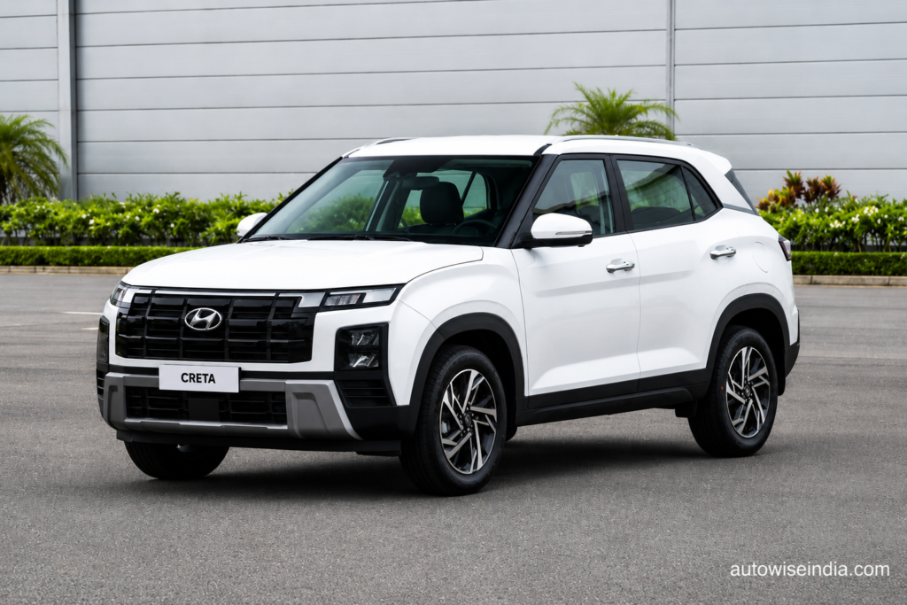 Hyundai Creta 2024 Mileage SUV front-side view parked outdoors with AutoWise India watermark