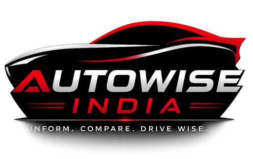 AutoWise India logo featuring a sleek car silhouette in red and blue with the tagline "Inform. Compare. Drive Wise."