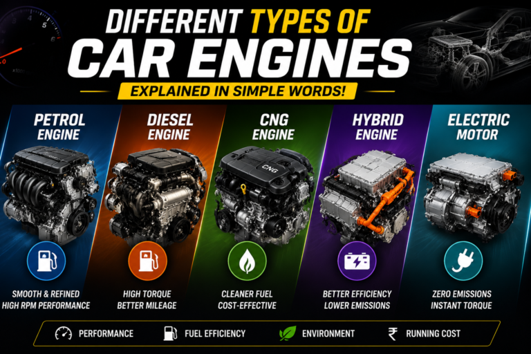 Different types of car engines including petrol, diesel, hybrid, electric, and hydrogen engine comparison infographic