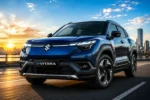 Maruti Suzuki e-Vitara electric SUV in cinematic sunset environment