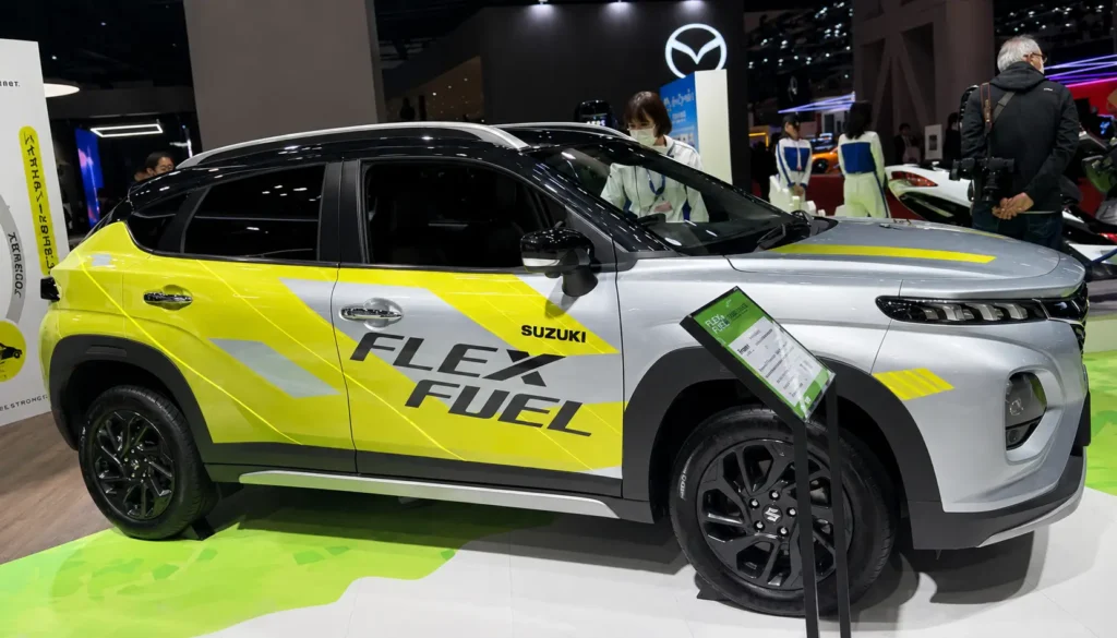 Maruti Suzuki E100 Flex Fuel concept showcased ahead of India’s first E100 flex fuel car launch, announced by Nitin Gadkari.