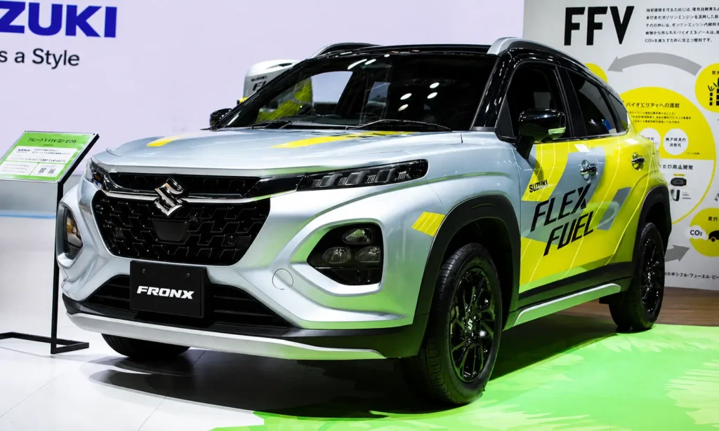 Maruti Suzuki Fronx E100 Flex Fuel Car concept showcased ahead of India’s first E100 flex fuel car launch, announced by Nitin Gadkari.