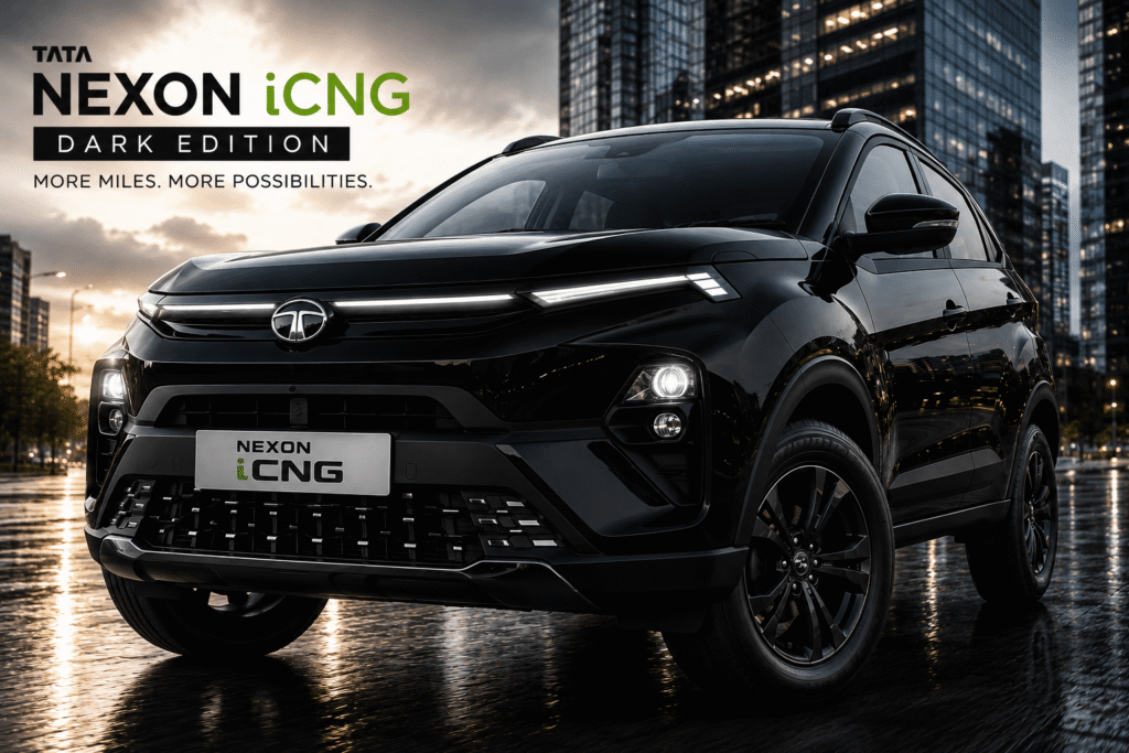 Tata Nexon iCNG driving through a modern city street in bright yellow color