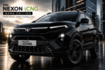 Tata Nexon iCNG driving through a modern city street in bright yellow color
