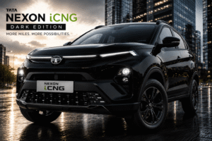 Tata Nexon iCNG driving through a modern city street in bright yellow color