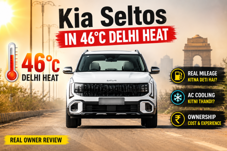 Kia Seltos driving on highway during Delhi-UP summer showing real owner review, AC performance and highway comfort