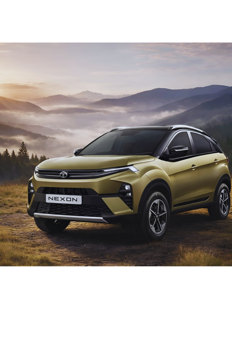 2024 Tata Nexon front side view in golden color with LED DRLs and sporty SUV design