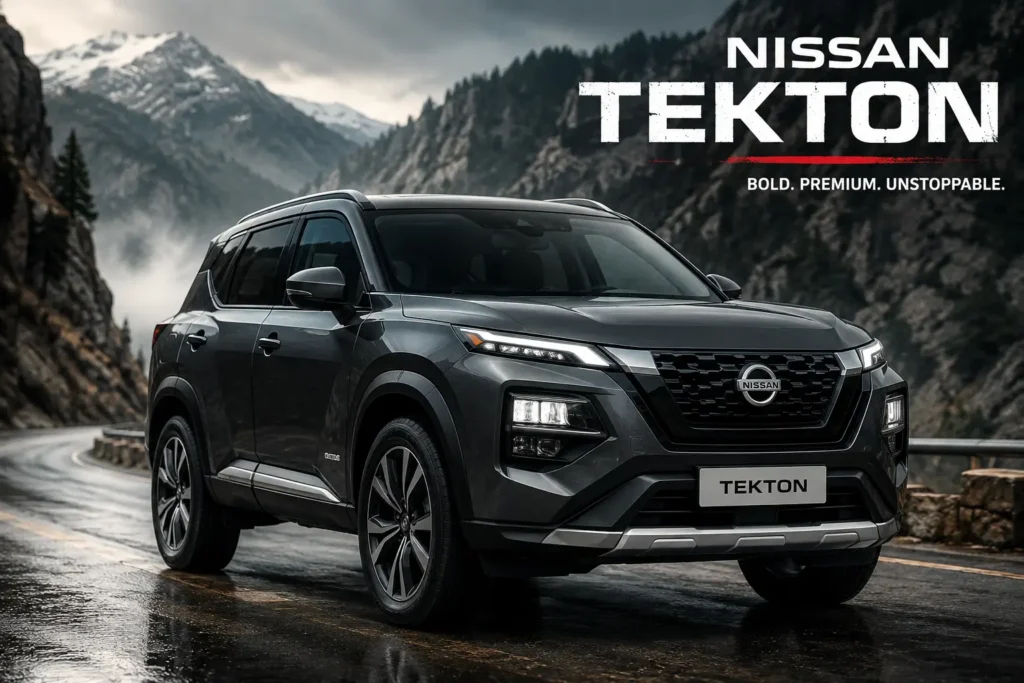 Nissan Tekton SUV 2026 on a mountain highway with cinematic lighting and rugged design