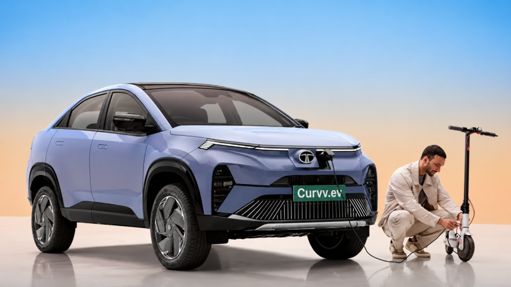 Tata Curvv EV charging an electric scooter in a futuristic lifestyle scene.