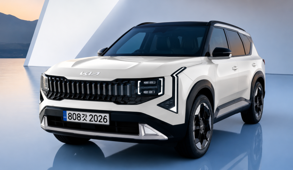 Kia Seltos 2026 front view in white color with redesigned LED DRLs and modern SUV styling