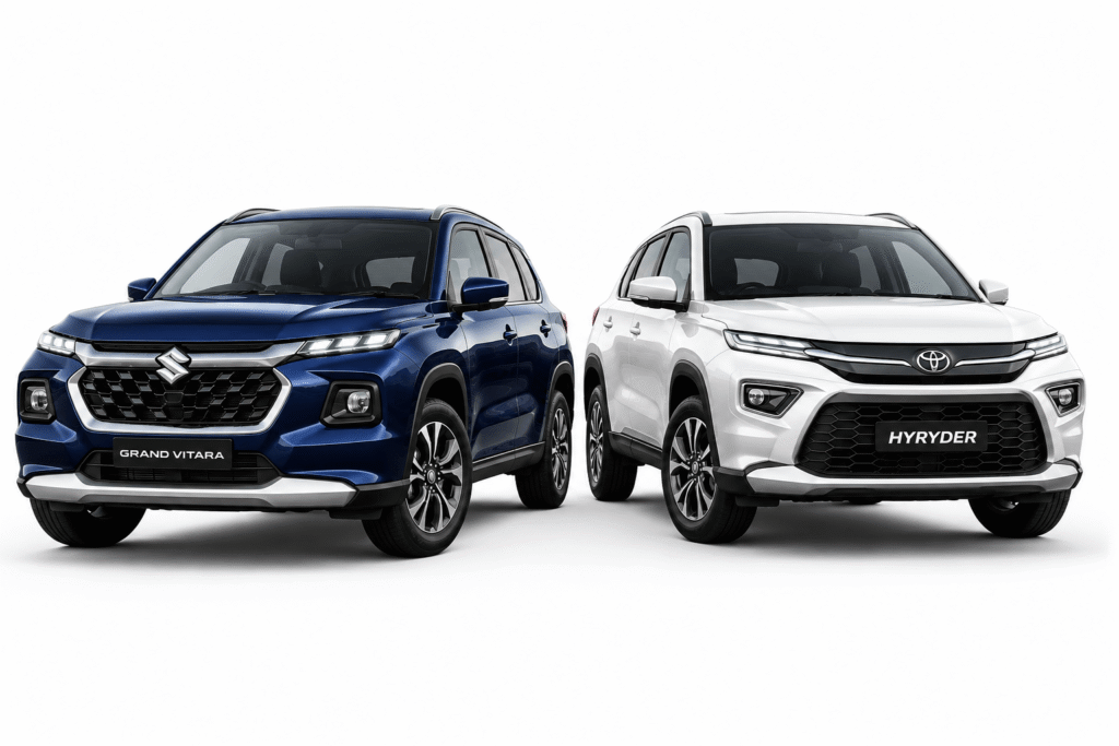 Grand Vitara vs Hyryder: Which Hybrid SUV is better in 2026? Maruti Suzuki Grand Vitara and Hyryder SUVs on a white background